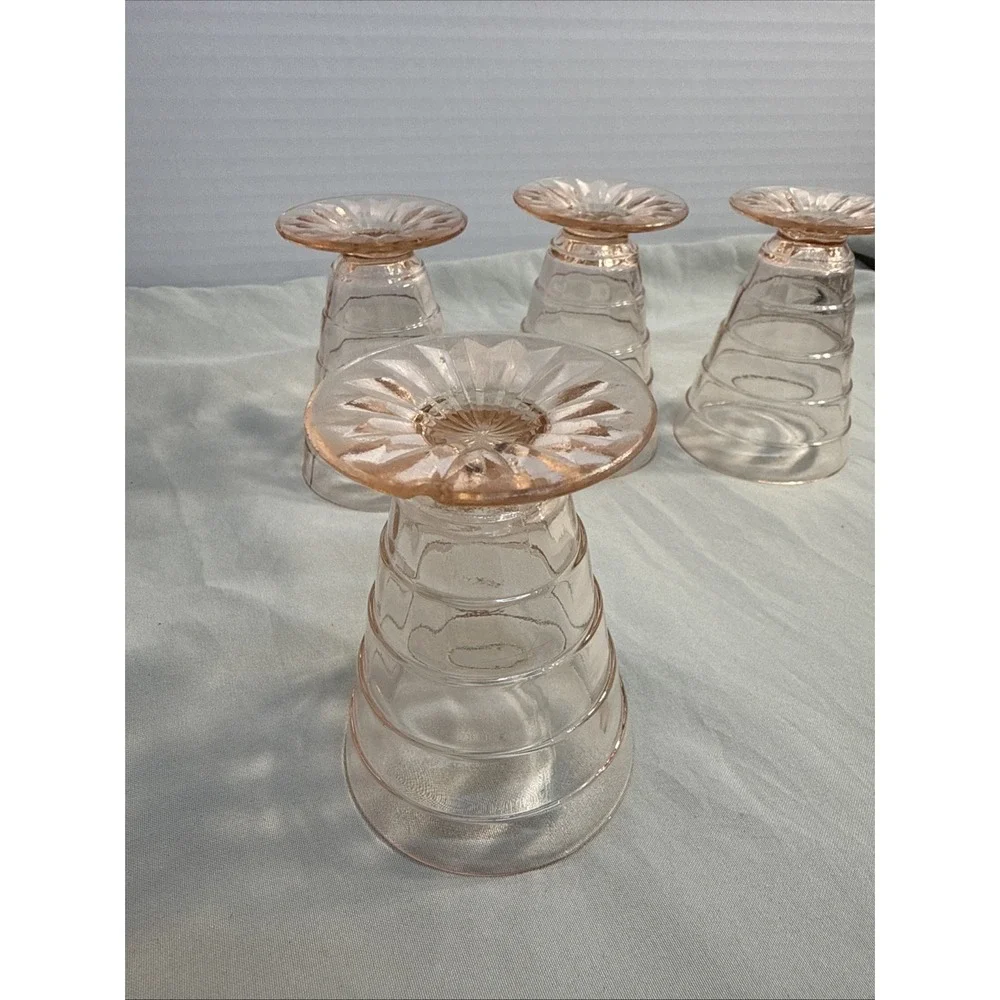 Vintage Anchor Hocking Block Optic Pink Depression Glass 5 oz Juice Tumblers - 4